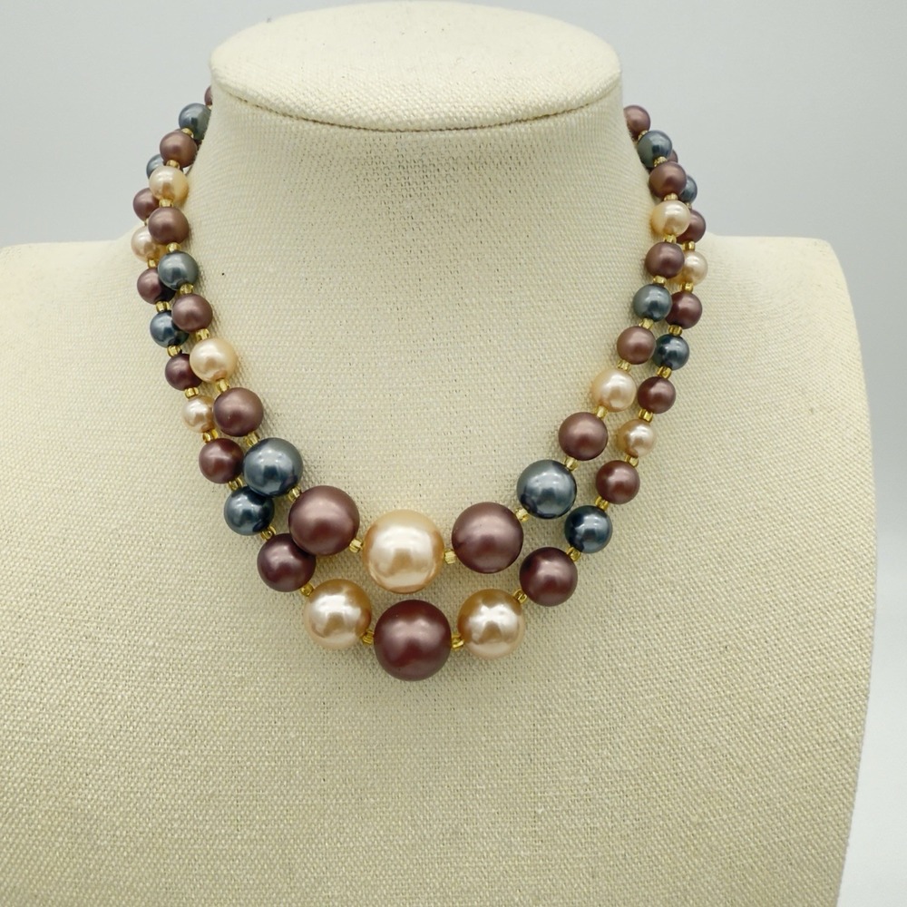 VTG Faux Pearl Necklace 2 Strand Graduated Multi-Shades Pink Gray Signed Japan